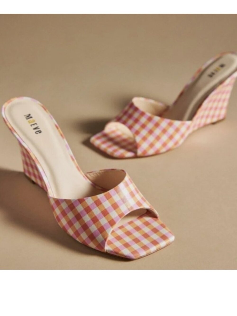 Anthropologie Maeve Pastel Gingham Leather Square Toe Wedge Mule Sandals Size 7